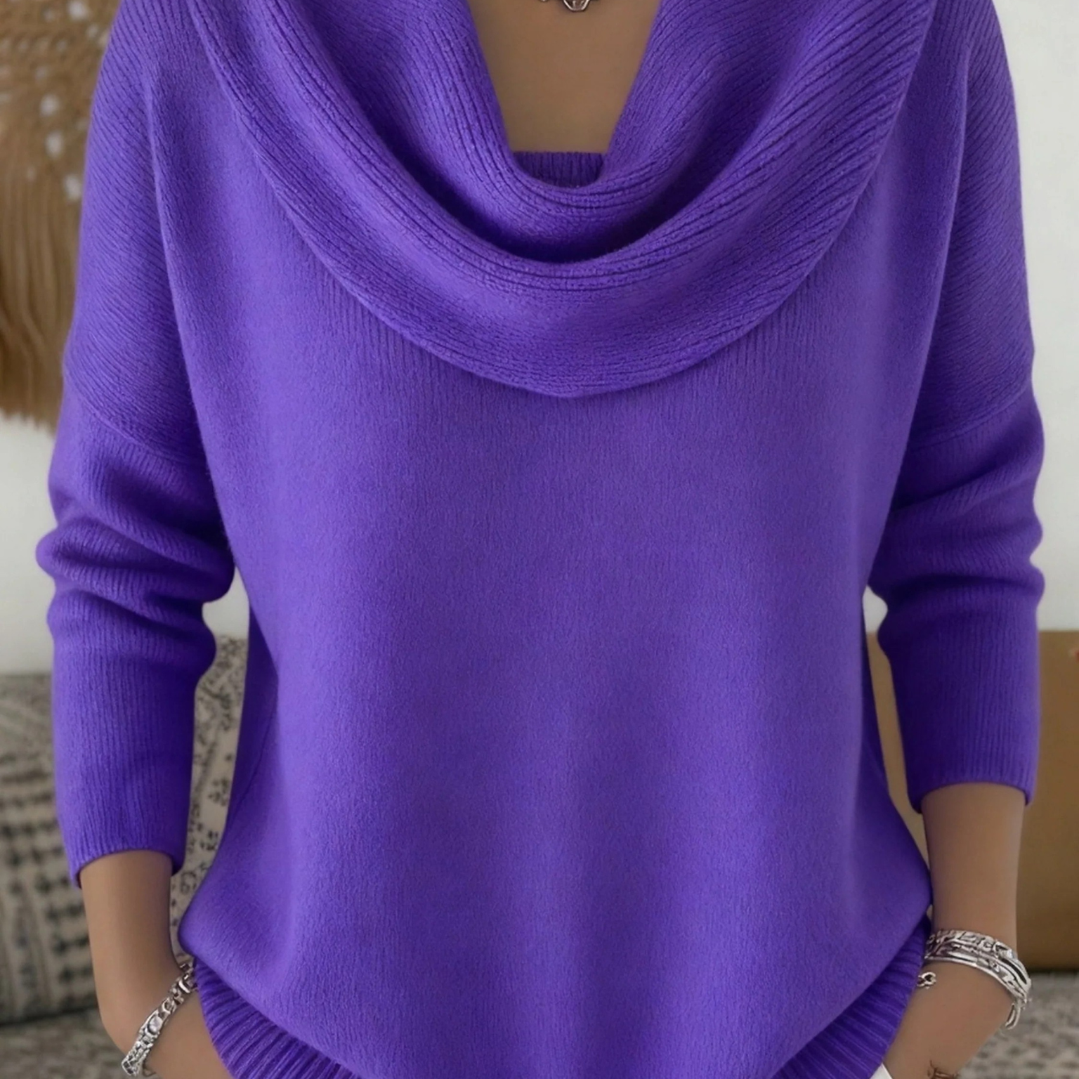 Ribbed Cowl Neck Long-Sleeve Sweater