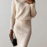 Ribbed Knit Two-Piece Set with Turtleneck Top and Bodycon Skirt