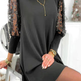 Embroidered Mesh Sleeve Shift Mini Dress with Round Neck