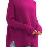 Oversized Turtleneck Knit Sweater for Women – Ribbed Long Sleeve Pullover with Side Slits for Casual Wear