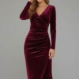 Ruched Bodycon Wrap Midi Dress with V-Neck
