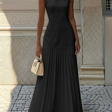 Sleeveless Pleated Maxi Dress with Boat Neck