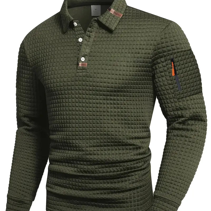 Textured Polo Sweater with Half Button and Zip Pocket