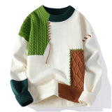 Patchwork Cable Knit Sweater with Round Neck