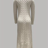 Cable Knit Maxi Sweater Dress with Round Neck and Long Sleeves