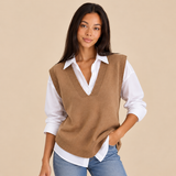 Women's V Neck Sweater Vest with Ribbed Trim and Pointed Hem