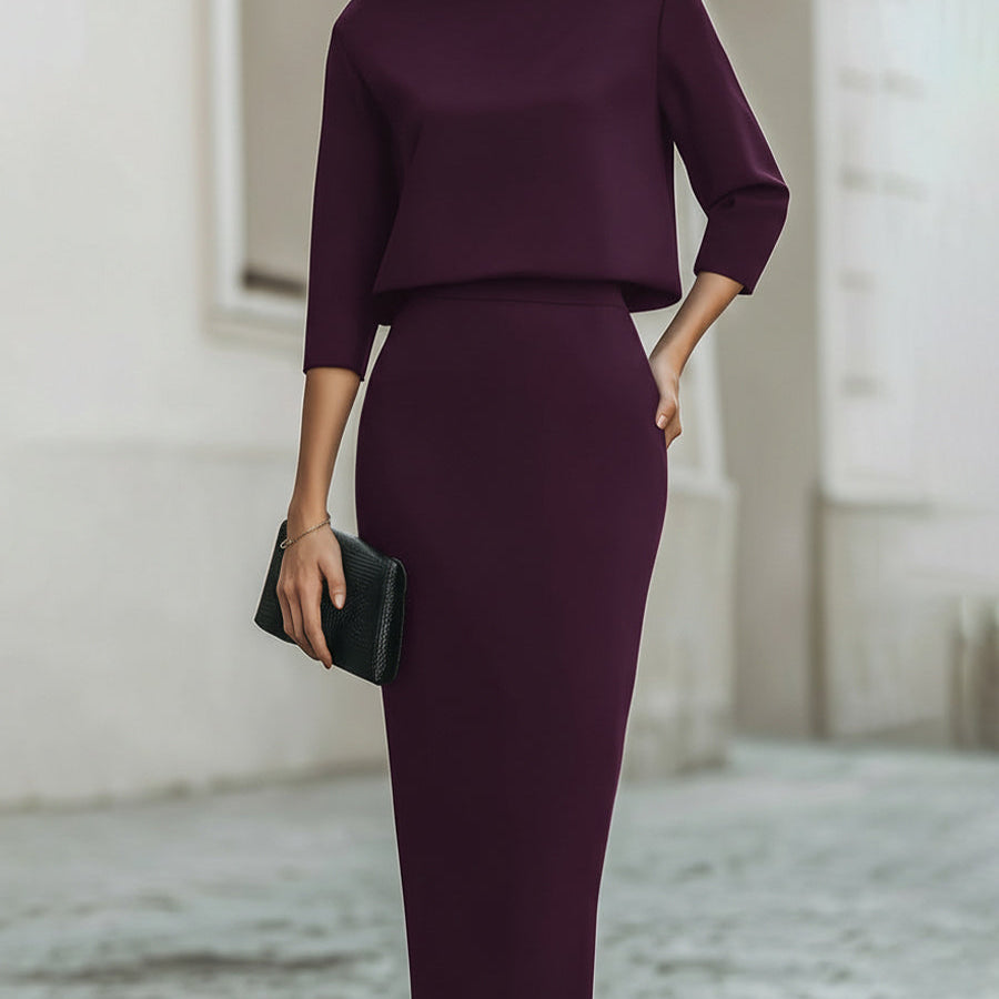 Boat Neck Top and High-Waist Midi Skirt Set