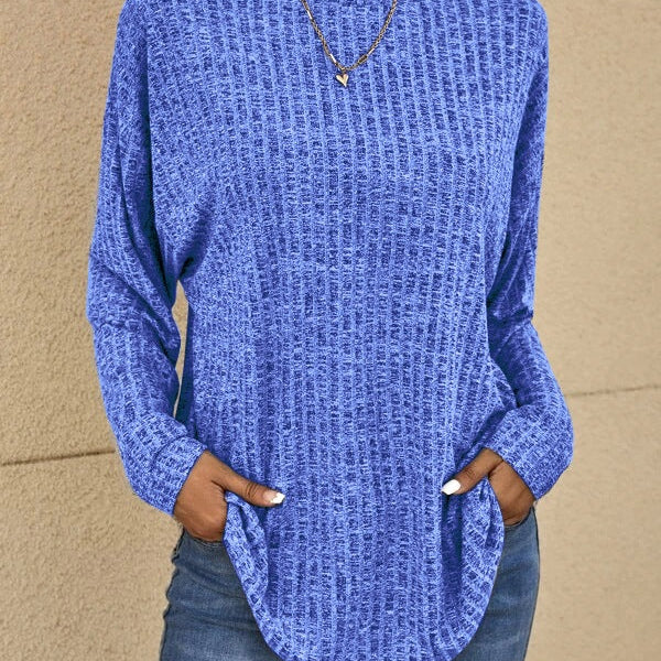Textured Knit Crew Neck Sweater with Curved Hem