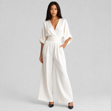 Wide-Leg Jumpsuit with V-Neck and Wrap Waist