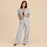 Women's Two Piece Suit with Contrast Trim Blazer and Pleated Wide Leg Pants