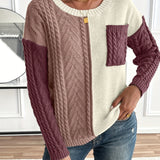 Cable Knit Color Block Sweater with Chest Pocket and Round Neck