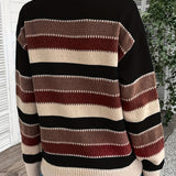 Striped Knit Sweater with Round Neck and Ribbed Cuff