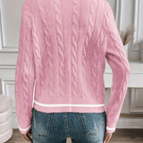 Button Front Cable Knit Cardigan with Ribbed Trim