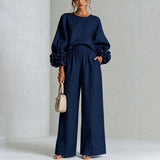 Women's Two Piece Pants Set with Floral Cuff Long Sleeve Blouse and Wide Leg Pants