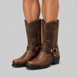 Mid-Calf Harness Boots with Buckle Strap and Round Toe