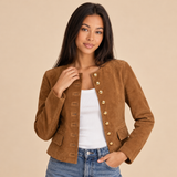 Women's Collarless Jacket with Suede-Look Finish and Button Front for Office Wear