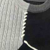 Patchwork Cable Knit Sweater with Round Neck