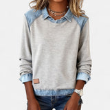 Denim Collar Knit Sweatshirt with Crew Neck