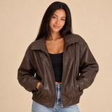 Women's Faux Leather Look Bomber Jacket with Front Zipper and Elasticated Hem
