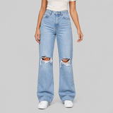 Ripped High-Waisted Wide-Leg Denim Jeans