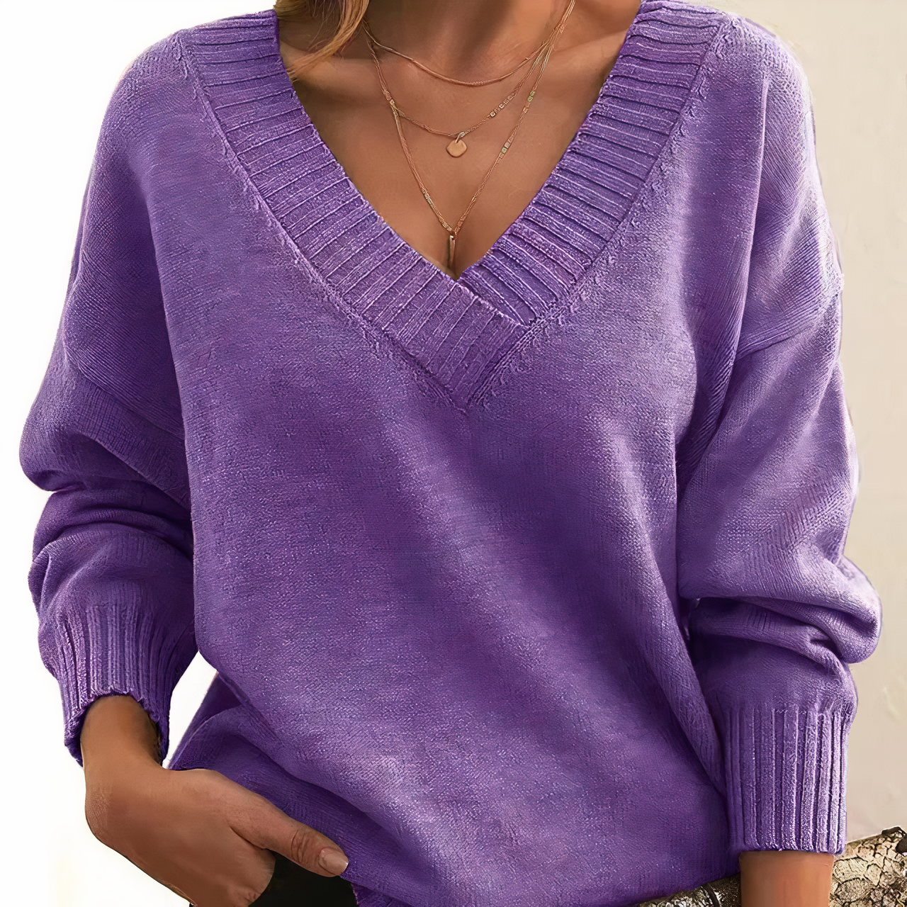 Women's V Neck Sweater with Ribbed Neckline Long Sleeves and Relaxed Fit