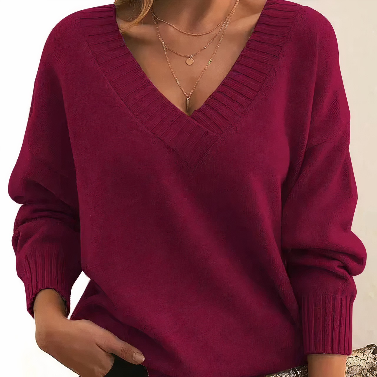 Women's V Neck Sweater with Ribbed Neckline Long Sleeves and Relaxed Fit