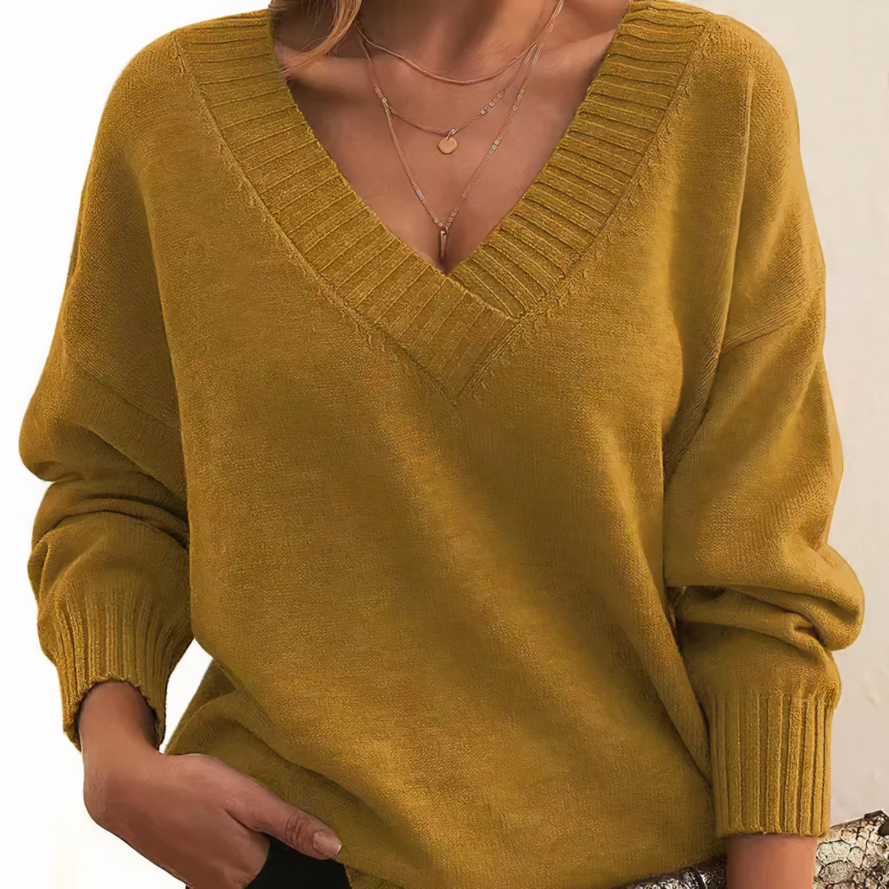 Women's V Neck Sweater with Ribbed Neckline Long Sleeves and Relaxed Fit