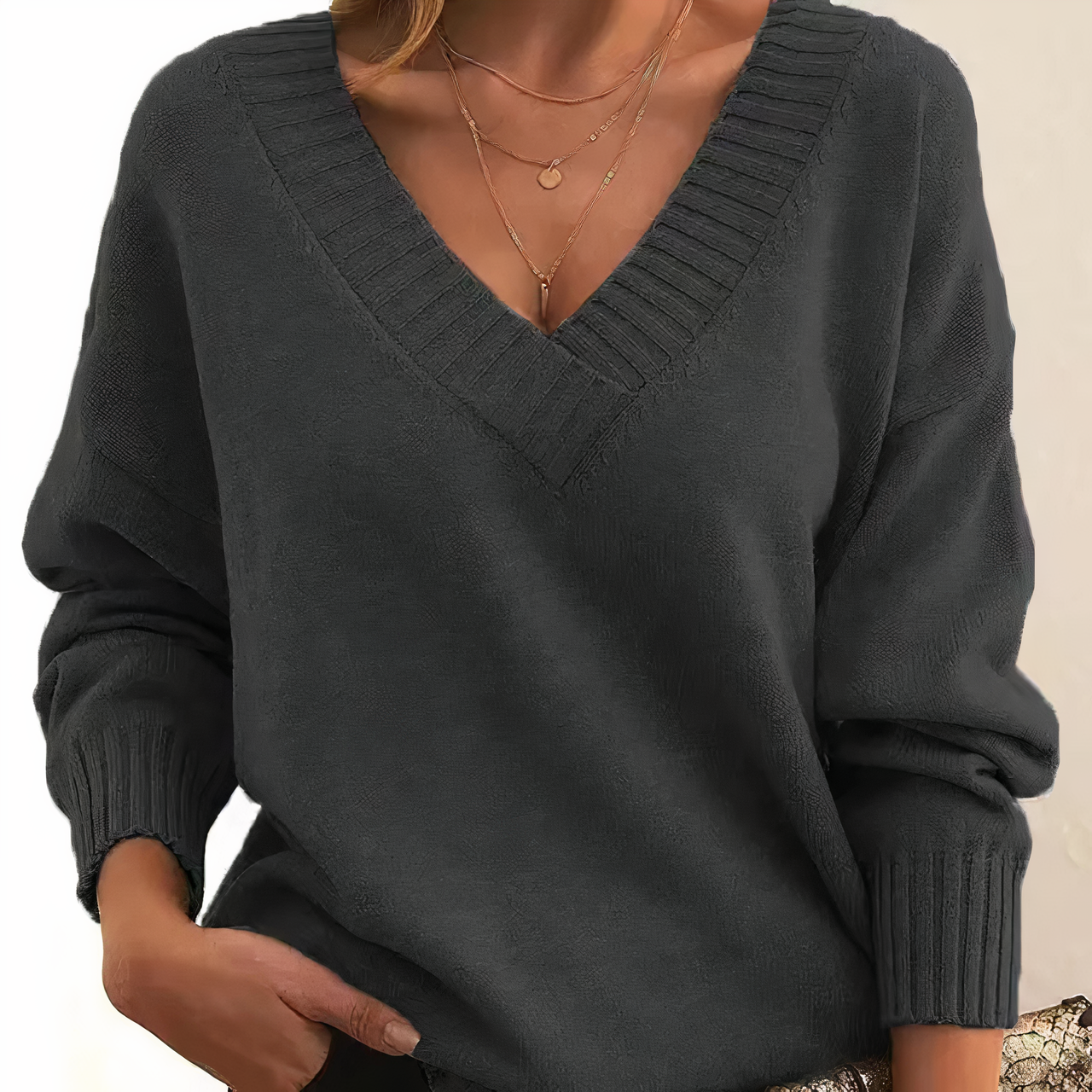 Women's V Neck Sweater with Ribbed Neckline Long Sleeves and Relaxed Fit