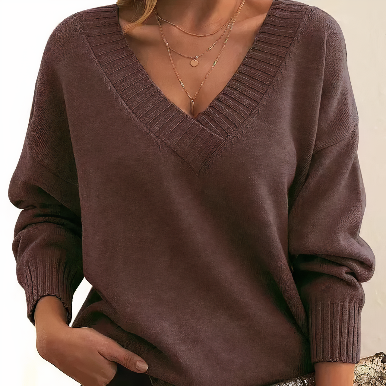 Women's V Neck Sweater with Ribbed Neckline Long Sleeves and Relaxed Fit