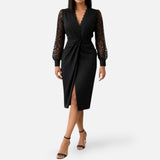 Twist-Front Midi Dress with Lace Sleeves and V-Neck