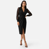 Twist-Front Midi Dress with Lace Sleeves and V-Neck