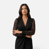 Twist-Front Midi Dress with Lace Sleeves and V-Neck