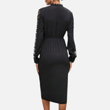 Twist-Front Midi Dress with Lace Sleeves and V-Neck