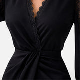 Twist-Front Midi Dress with Lace Sleeves and V-Neck