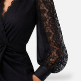 Twist-Front Midi Dress with Lace Sleeves and V-Neck