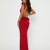 Backless Maxi Dress with Cowl Neck and Tie-Back
