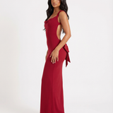 Backless Maxi Dress with Cowl Neck and Tie-Back