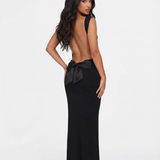 Backless Maxi Dress with Cowl Neck and Tie-Back