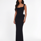Backless Maxi Dress with Cowl Neck and Tie-Back