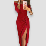 Ruched Bodycon Midi Dress with Side Slit