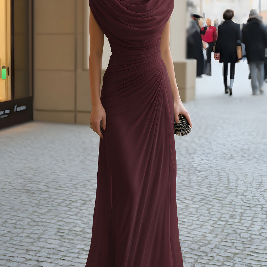 Draped Cowl Neck Maxi Dress with Ruched Waist