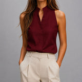 Sleeveless Blouse with Mandarin Collar and Split Neck