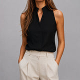 Sleeveless Blouse with Mandarin Collar and Split Neck
