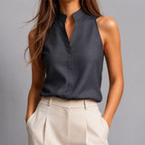 Sleeveless Blouse with Mandarin Collar and Split Neck
