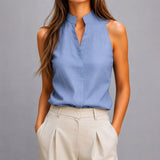 Sleeveless Blouse with Mandarin Collar and Split Neck