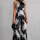 Floral Wide-Leg Jumpsuit with Halter Neck and Pleated Waist