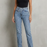 High-Waisted Straight Jeans with Cross Over Waist and Front Slit
