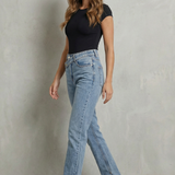 High-Waisted Straight Jeans with Cross Over Waist and Front Slit
