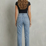 High-Waisted Straight Jeans with Cross Over Waist and Front Slit