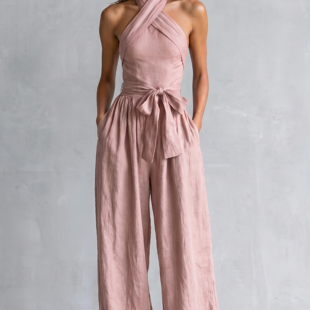 Wide-Leg Jumpsuit with Halter Neck and Tie Waist